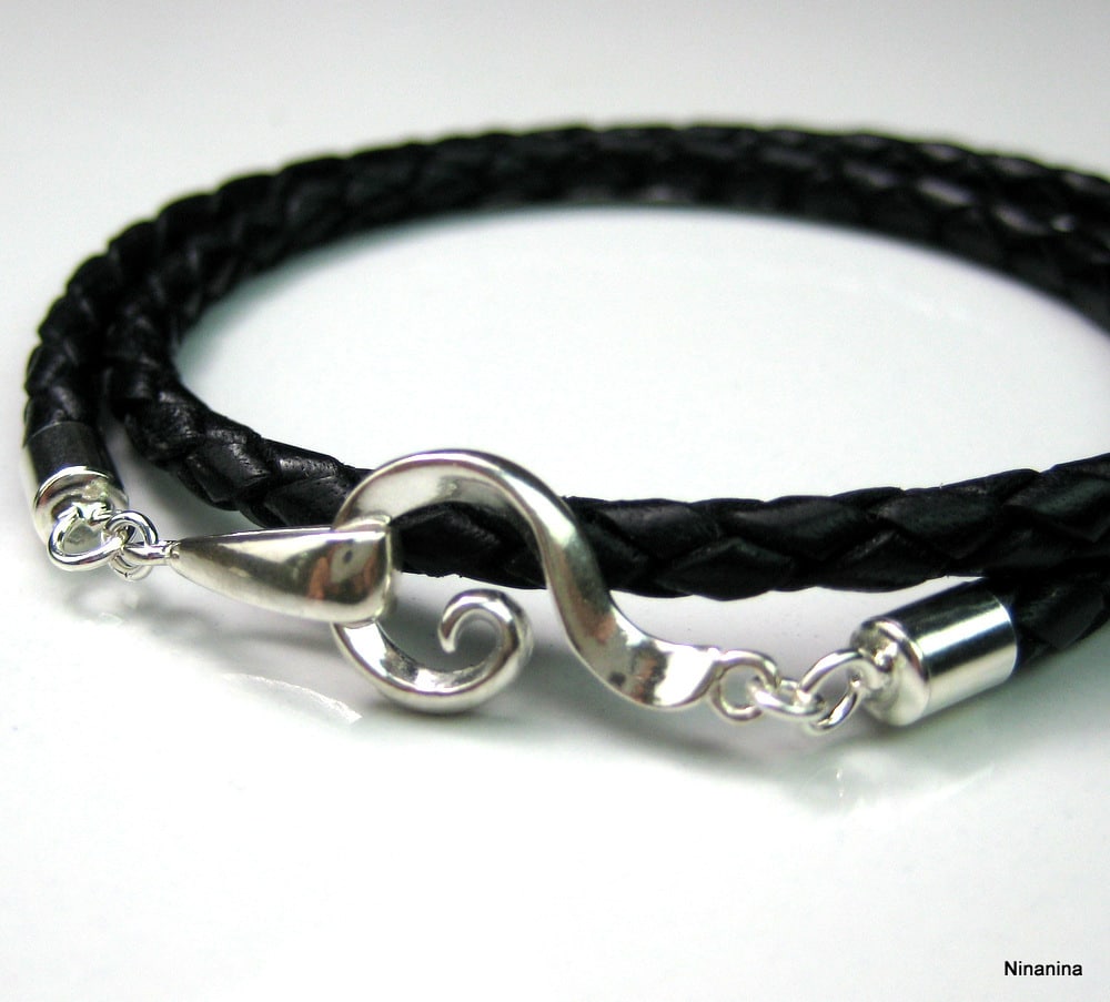 Bracelet cordon cuir 2 tours Argent 925 massif – Image 3