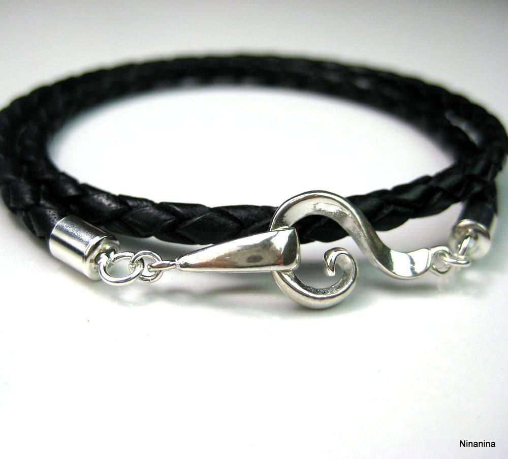 Bracelet cordon cuir 2 tours Argent 925 massif
