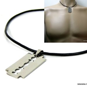 Collier homme cuir lame rasoir Acier argenté