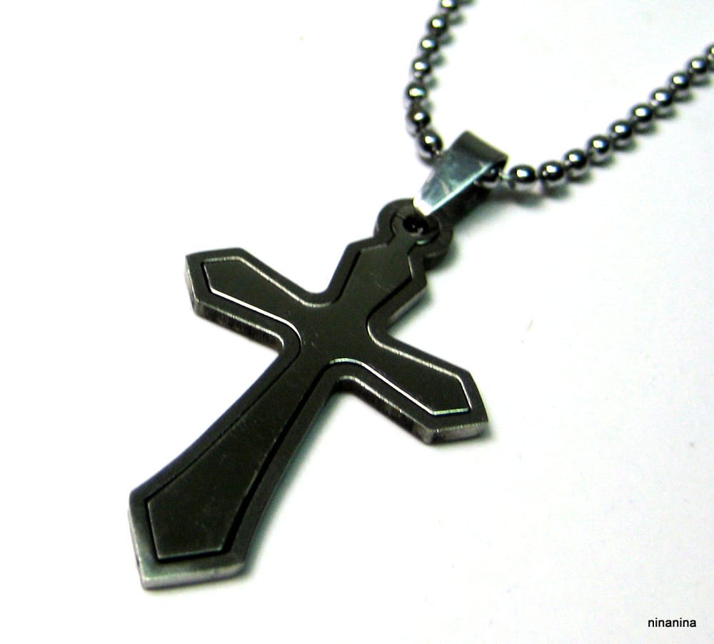 Collier homme pendentif deux croix Acier inoxydable argenté – Image 5