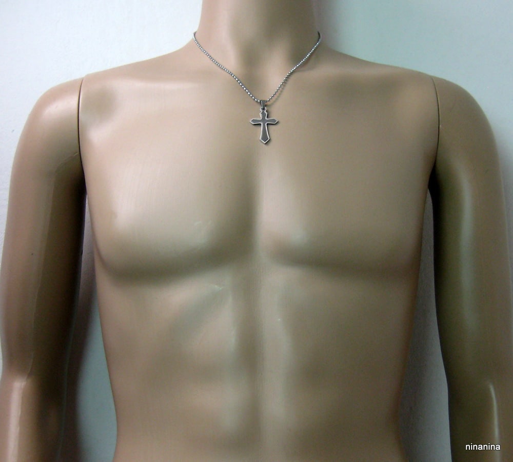 Collier homme pendentif deux croix Acier inoxydable argenté – Image 8