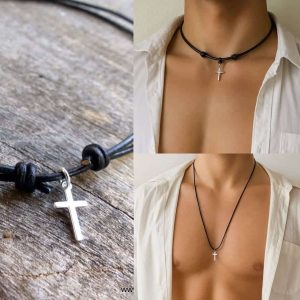 Collier nœud coulissant artisanal pour homme – Pendentif croix chrétienne en argent 925 sur cordon cuir réglable