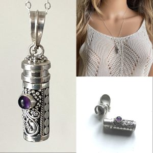 Collier cineraire mi long pendentif Argent 925 Et Amethyste naturelle fait main en france