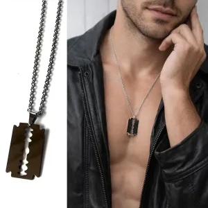 Collier lame de rasoir homme – pendentif Acier inoxydable sur chaine artisanale