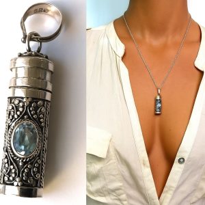 Pendentif flacon de parfum pour femme – Collier Chaine Argent 925 et pierre onyx noire