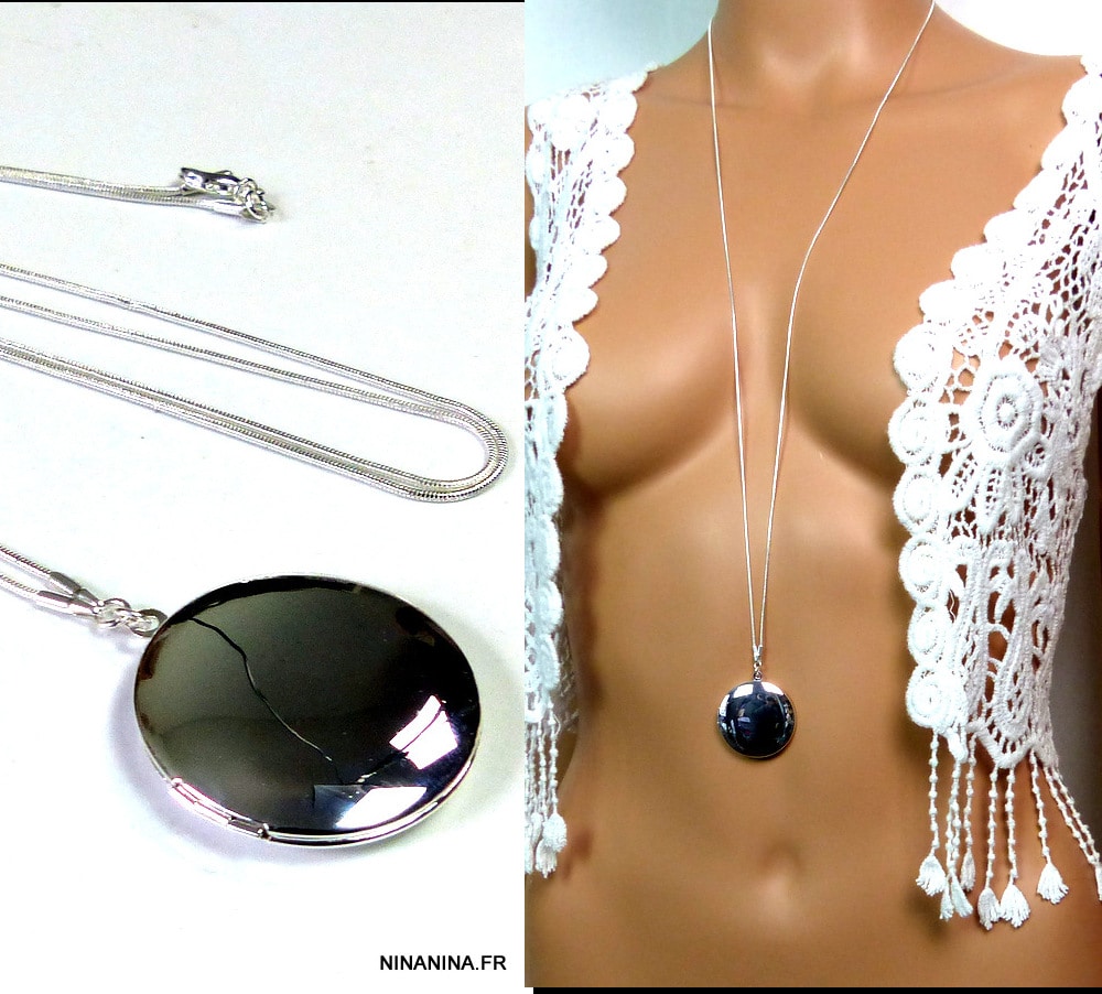 Collier long pendentif porte photo argent plaqué