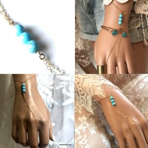 Bracelet bague plaqué or – Chaine de main turquoise véritable