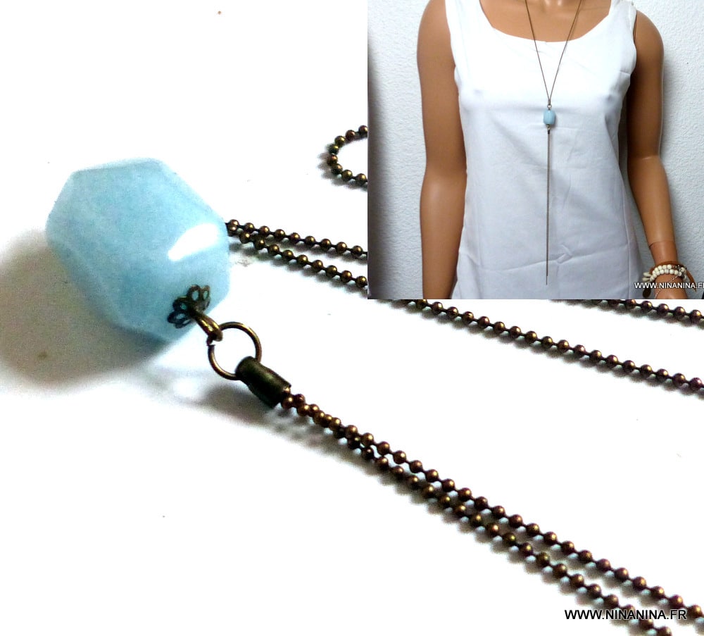 Collier long fantaisie sautoir métal bronze aiguemarine – Image 3