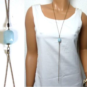 Collier long fantaisie sautoir métal bronze aiguemarine