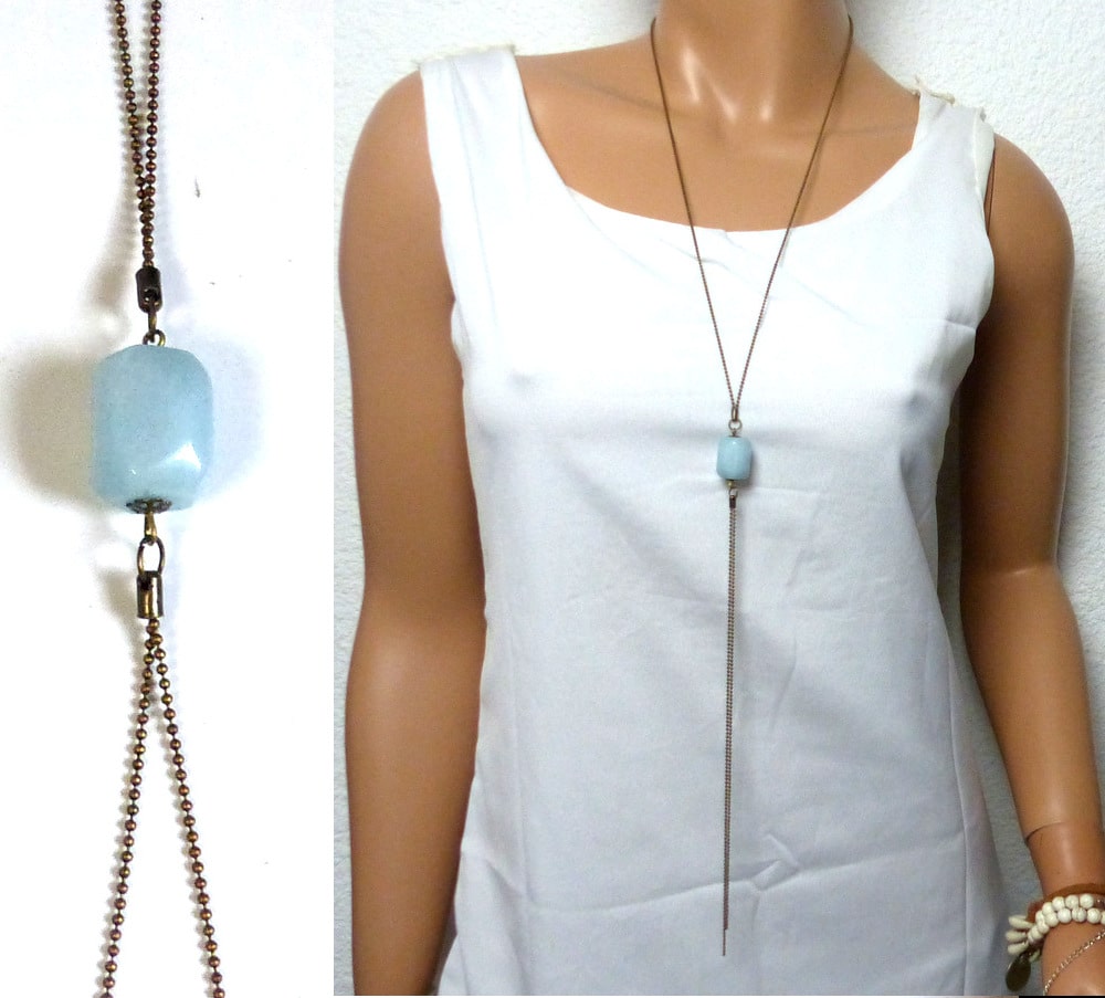 Collier long fantaisie sautoir métal bronze aiguemarine – Image 4