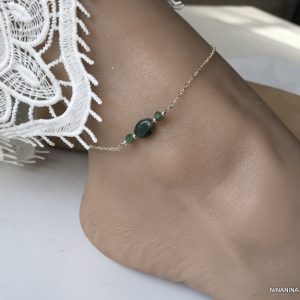 Chaine cheville Argent massif et pierre Emeraude verte