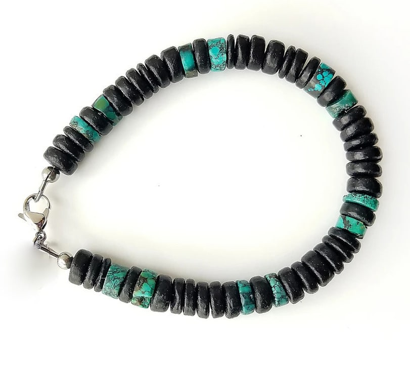 Bracelet perles noires homme et turquoise naturelle – Image 2