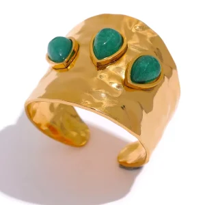 Bague manchette femme réglable Acier doré pierre verte
