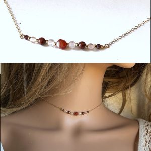 Collier en quartz rose et grenat rouge plaqué or 14 carats