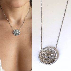 Collier Oiseau Argenté Femme Avec Pendentif Rond Zirconium