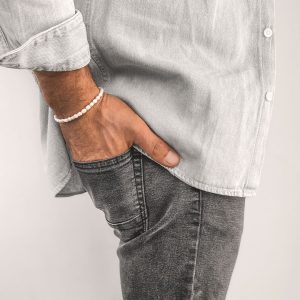 Bracelet Perles Blanches Ovales Naturelles Pour Homme Fait main en France